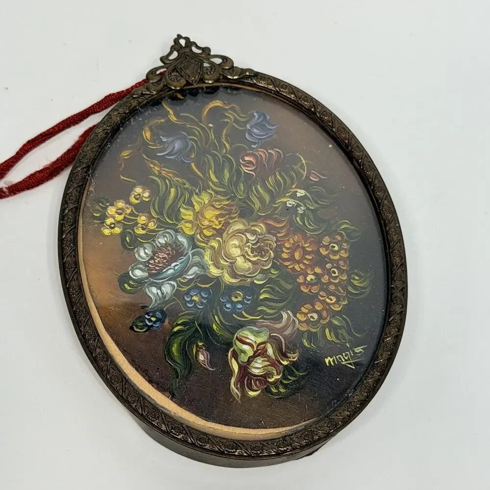 Mini Vtg Brass Victorian Oval Ornate Frame Convex Glass Italy Floral Painting 4